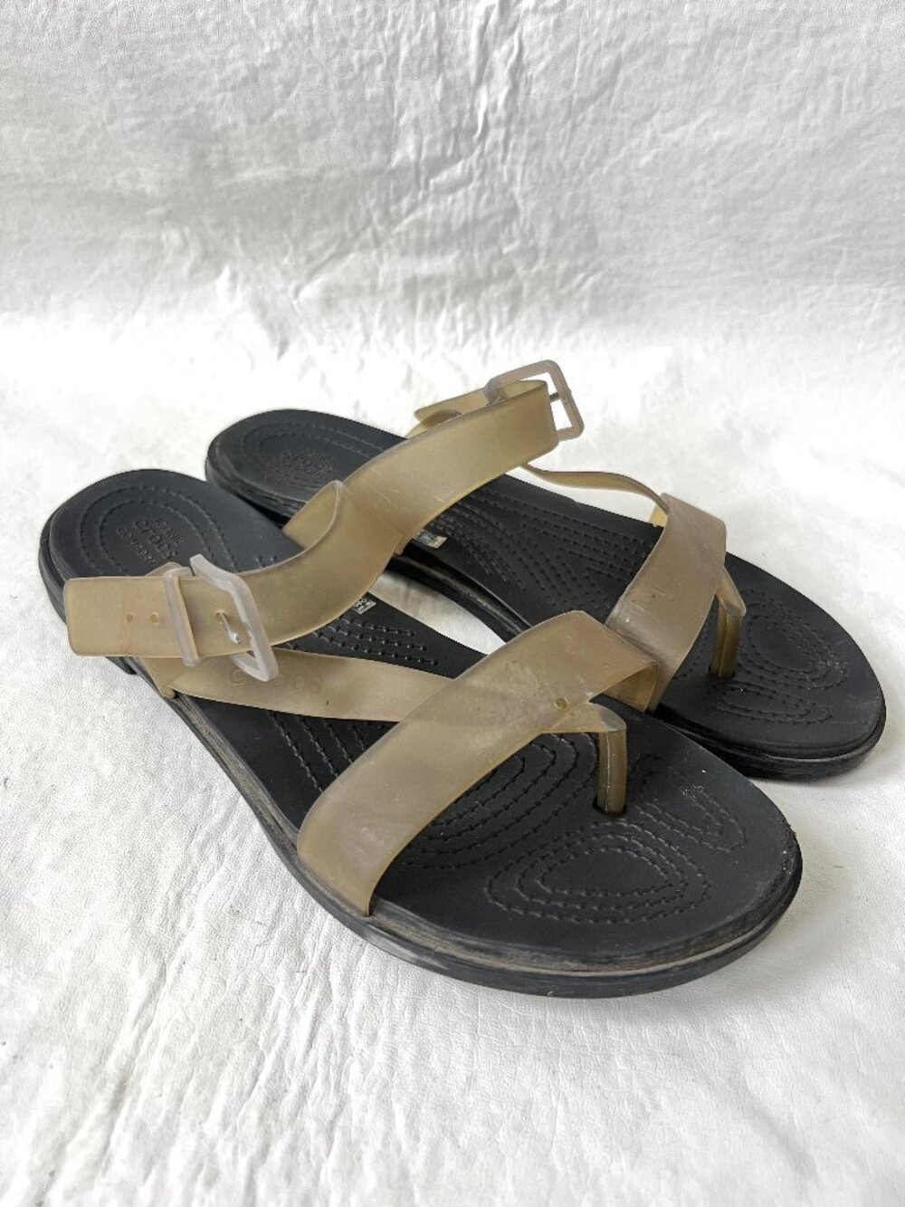 Crocs sandals Tulum Toe Post womens 9 black translucent strap slip on buckles